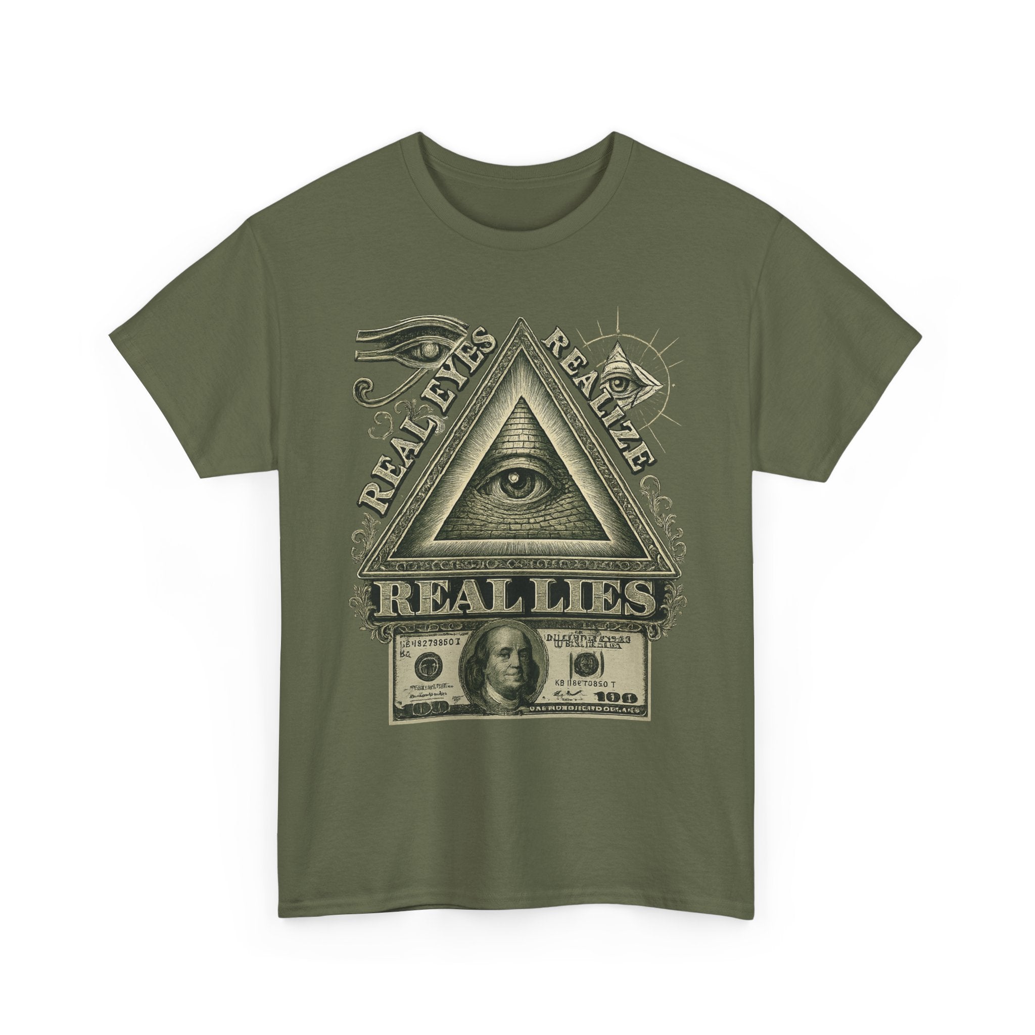 T-Shirt mit Auge der Vorsehung im Geld-Stil – Vintage-Währung Spirituelle Streetwear
