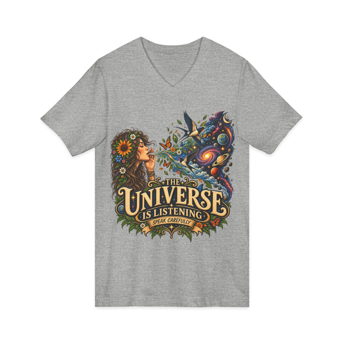 The Universe Is Listening – Unisex V-Neck Graphic Tee