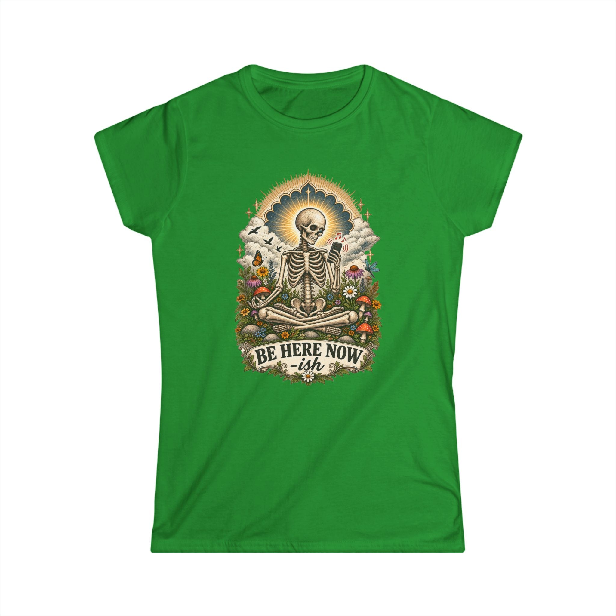 Be Here Now-ish Women's Tee – Meditation Skeleton Graphic T-Shirt