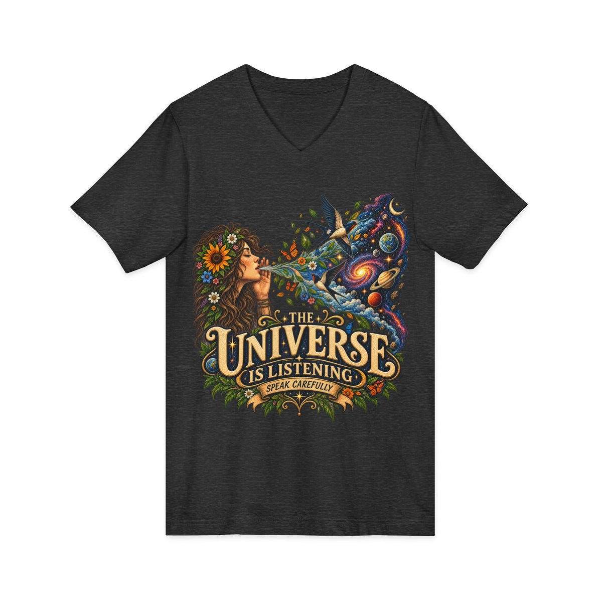 The Universe Is Listening – Unisex V-Neck Graphic Tee