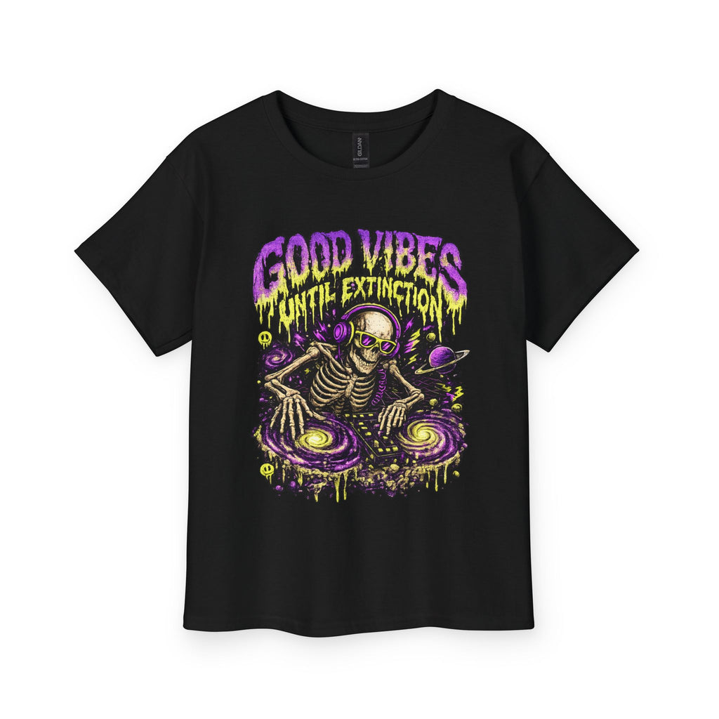 Youth Tee — "Good Vibes Until Extinction" Skeleton DJ Graphic
