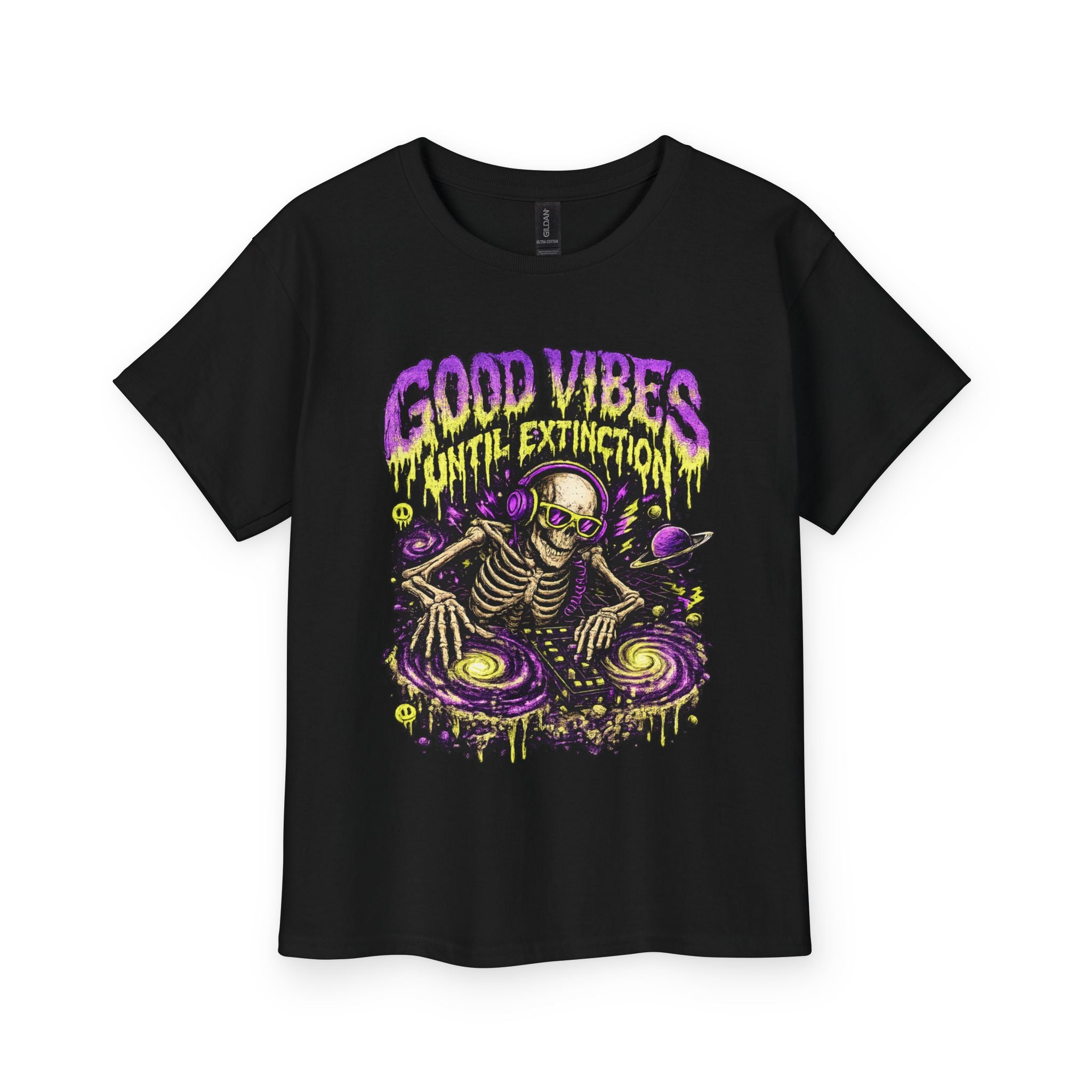 Youth Tee — "Good Vibes Until Extinction" Skeleton DJ Graphic