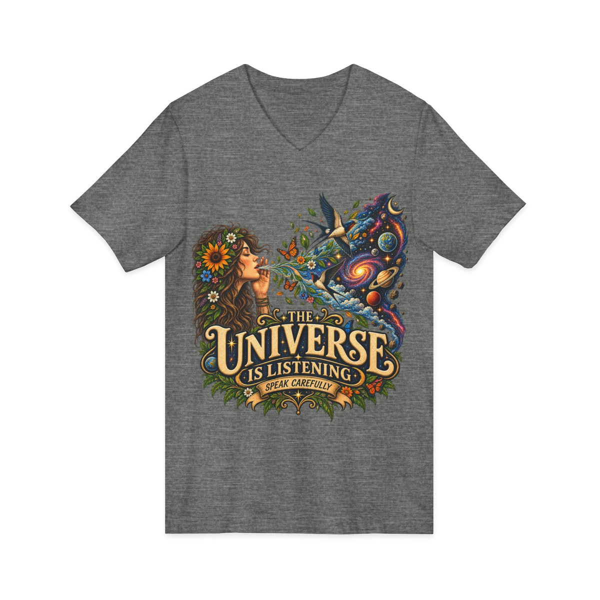 The Universe Is Listening – Unisex V-Neck Graphic Tee