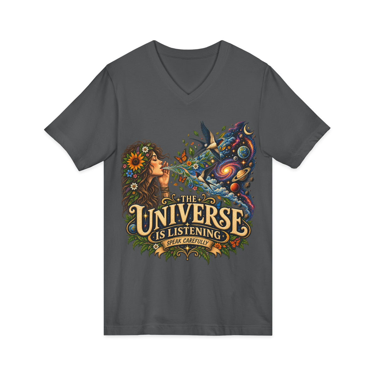 The Universe Is Listening – Unisex V-Neck Graphic Tee