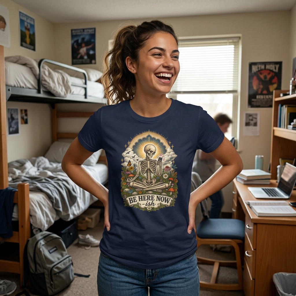 Be Here Now-ish Women's Tee – Meditation Skeleton Graphic T-Shirt