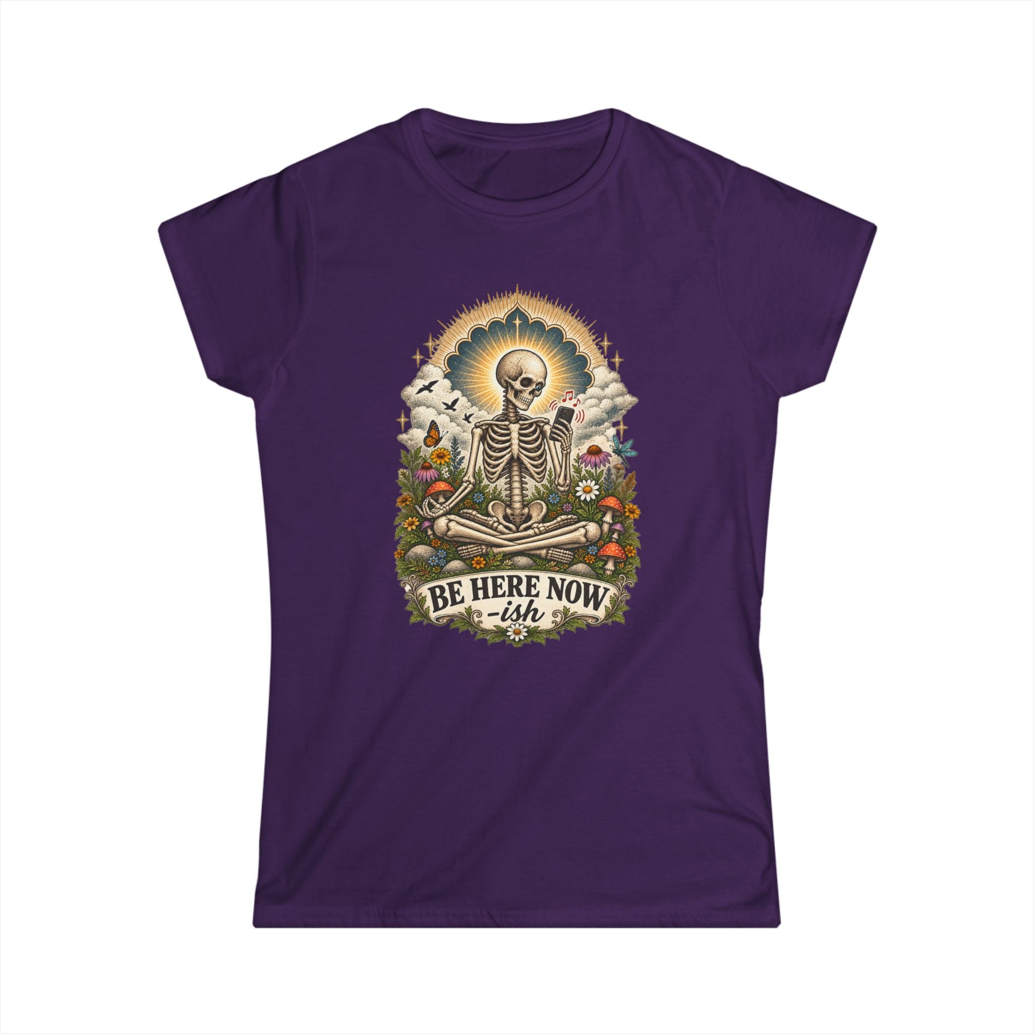 Be Here Now-ish Women's Tee – Meditation Skeleton Graphic T-Shirt