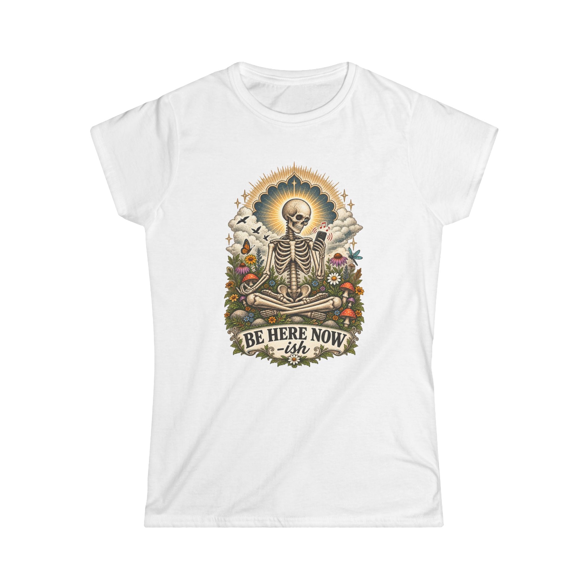 Be Here Now-ish Women's Tee – Meditation Skeleton Graphic T-Shirt