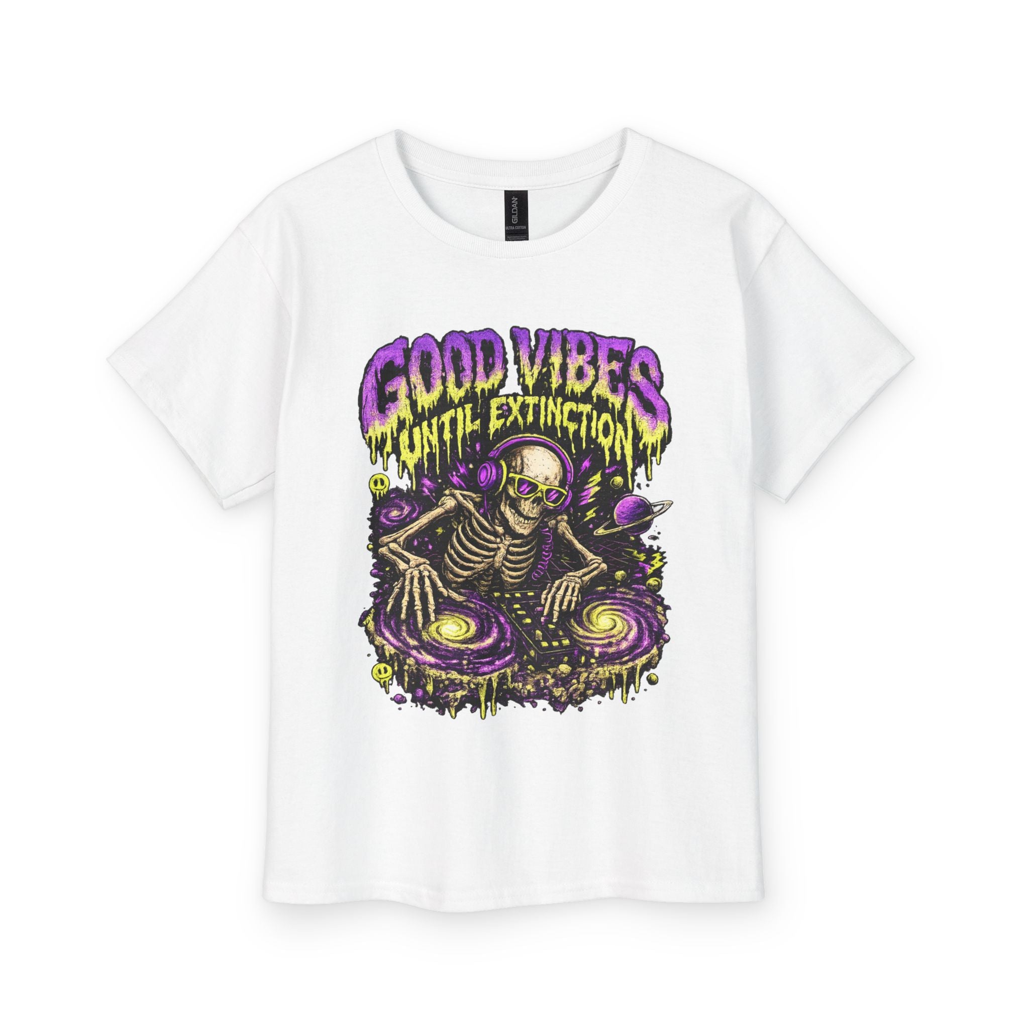 Youth Tee — "Good Vibes Until Extinction" Skeleton DJ Graphic