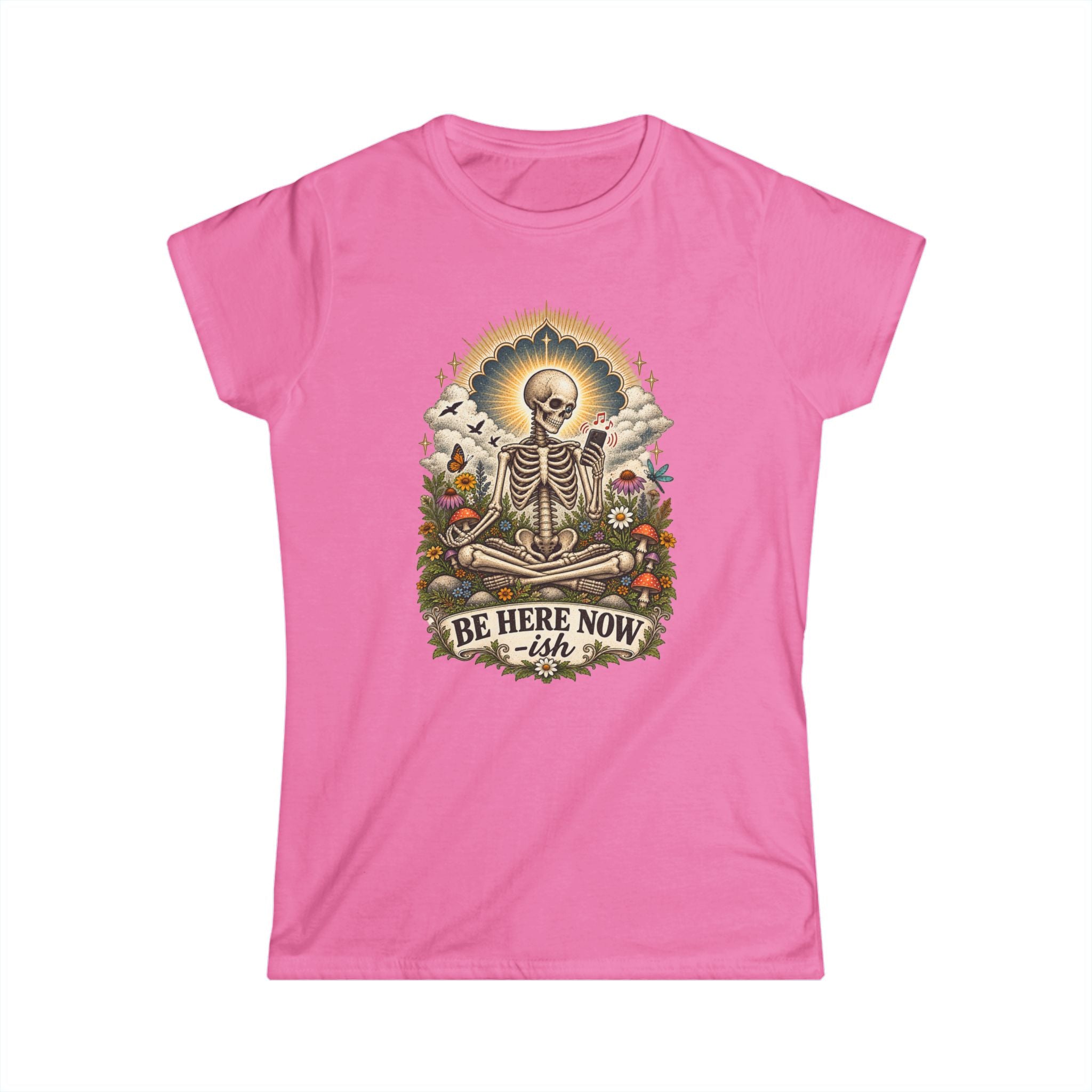 Be Here Now-ish Women's Tee – Meditation Skeleton Graphic T-Shirt
