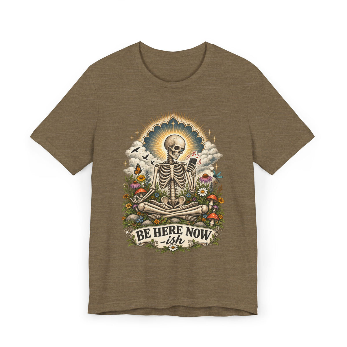 Be Here Now-ish Unisex Tee – Meditation Skeleton Graphic T-Shirt