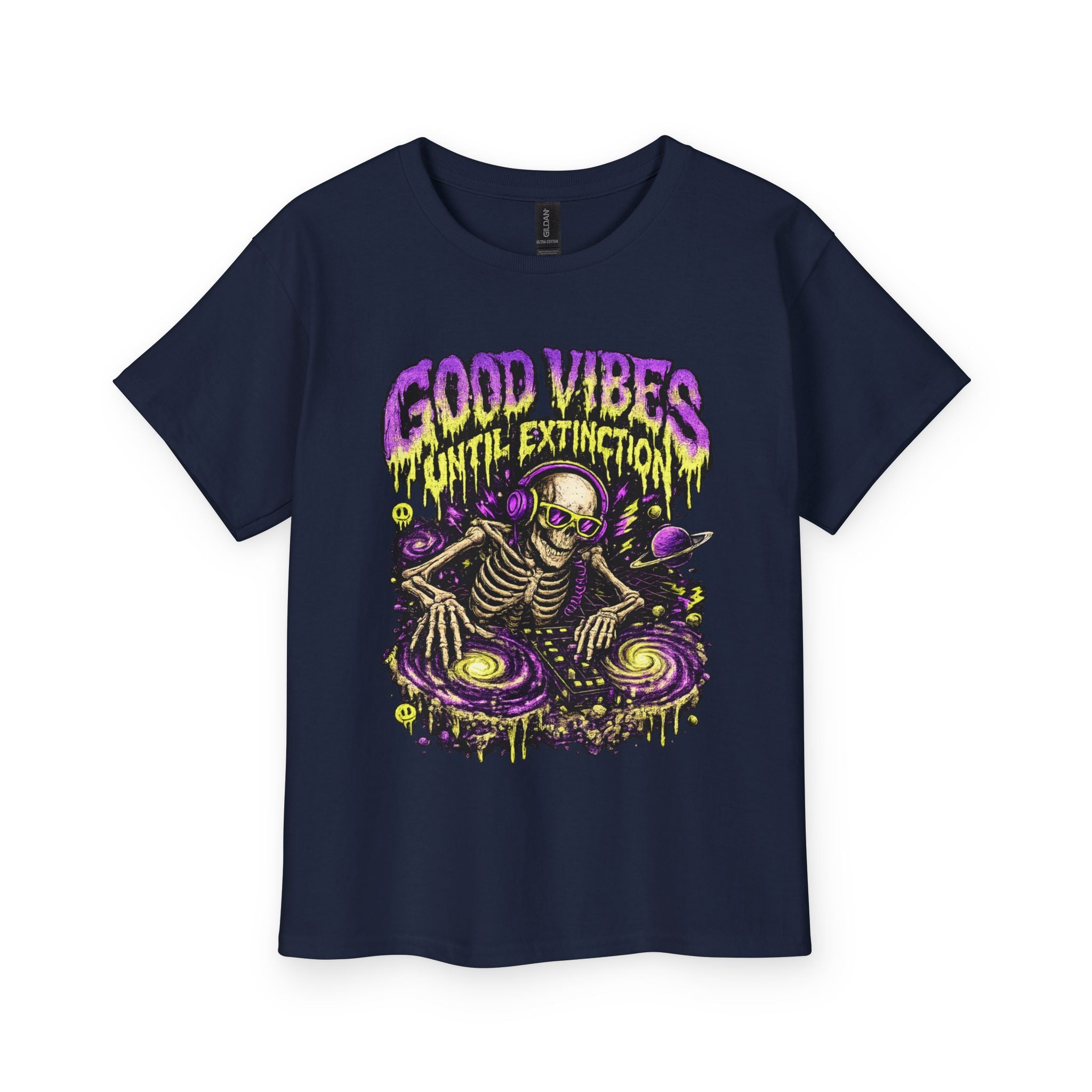 Youth Tee — "Good Vibes Until Extinction" Skeleton DJ Graphic