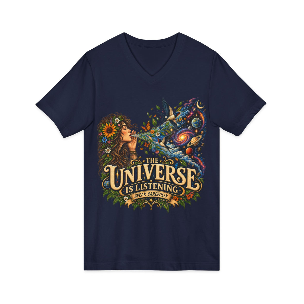 The Universe Is Listening – Unisex V-Neck Graphic Tee
