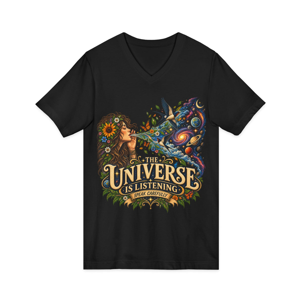 The Universe Is Listening – Unisex V-Neck Graphic Tee