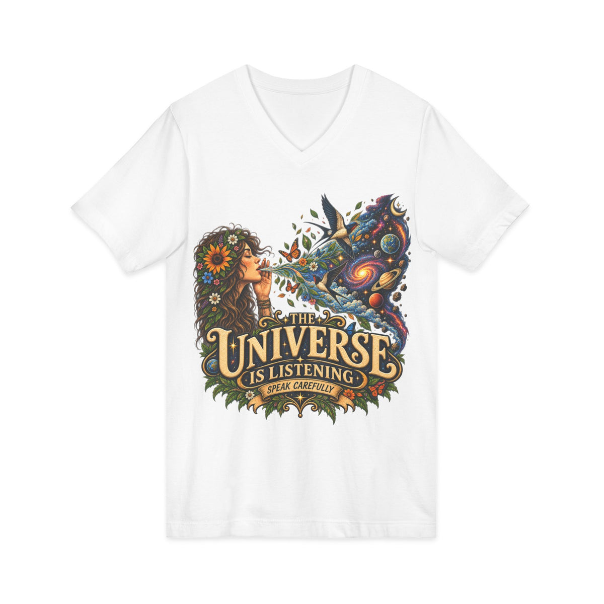The Universe Is Listening – Unisex V-Neck Graphic Tee